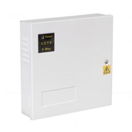 A 12vdc power supply with a indicator. Fitted with 8 x output fuses with a Max 5 Amp output. NO battery backup  - Hinged lid design box
Size 205h x 205w x 55d (mm). SWITCHMODE