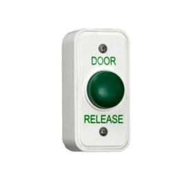 Architrave white Plastic button surface mounted with green domed button, includes back box with security screws. Greater than 1m operations.IP54
(DR = EBGB05P/DR) Size 85h x 39w x 28d (all mm)