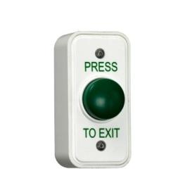 Architrave white Plastic button surface mounted with green domed button, includes back box with security screws. Greater than 1m operations.IP54
(PTE = EBGB05P/PTE) Size 85h x 39w x 28d (all mm)