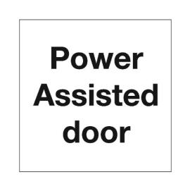 AS0007, Power Assisted Door Safety Sign - SQUARE  150 x 150mm Sticker - 'Power Assisted Door' (TEXT ONLY) (Single Sided) Self Adhesive - Priced per sign
