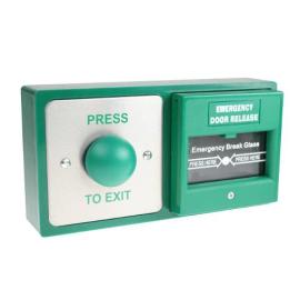 DBB-21-04, Double exit device, green dome button and emergency breakglass