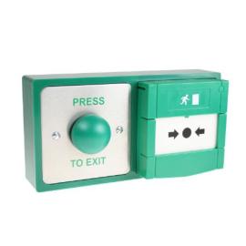 DBB-22-04, Double exit device, green dome button and resettable emergency release