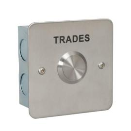 EBSS-TRADES, Stainless Steel 25mm button surface mounted with vandal resistant button. Greater than 1m operations. IP54 Size 85h x 85w x 3 (mm)