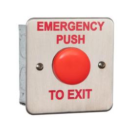 F-EBRB/EPTE, Flushstainless steel plate with large RED button. EMERGENCY PUSH TO EXIT. Flush mount. DOES NOT INCLUDE BACK BOX. Greater than 1m operations. Switch only IP66. 85h x 85w (mm)