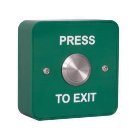 G-EBSS02/PTE, Easy clean green plastic surface mounted with vandal resistant button, includes back box with security screws. Greater than 1m operations. IP54 Size 85h x 85w x 32d (all mm - d =back box only)