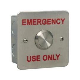 K-EBSS02/REUO, Flush fitting stainless steel, vandal resistant button. Red text. EMERGENCY USE ONLY