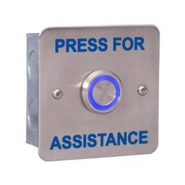 K-PIL-BS/PFA, Flush fitting stainless steel plate, blue text PRESS FOR ASSISTANCE. 25mm illuminated BLUE piezo switch