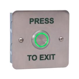 K-PIL-GS/PTE, Flush fitting stainless steel plate, green text PUSH TO EXIT. 25mm illuminated GREEN piezo switch