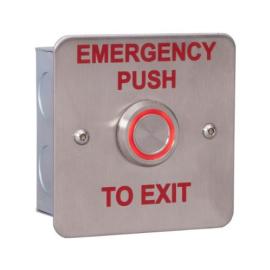 K-PIL-RS/EPTE, Flush fitting stainless steel plate, red text EMERGENCY PUSH TO EXIT. 25mm illuminated RED piezo switch.