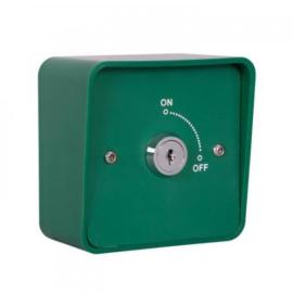 Keyswitch fitted in a easy clean Green plastic plate for surface or flush mounting, includes Green shrouded back box with security screws.
Latching operation (Maintained)- Double Pole. IP64 Size 85h x 85w x 40d (all mm - d =back box only)