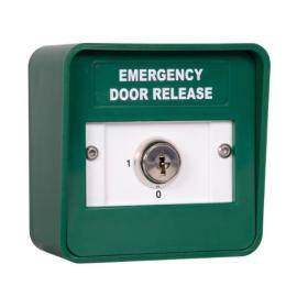 KS-EDR-D, 2 Position Maintained Emergency Door Release Key Switch. Double Pole/Double Throw. 2 x A126 Key. Etched 0-1. Surface or Flush mount. 90x90x55.45 (mm)