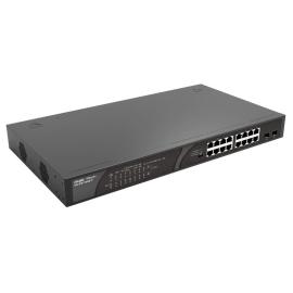RG-ES118GS-P, 16 x 1000M copper ports and 2 x 1000M uplink SFP ports: 16 ports for PoE/PoE+, with the maximum PoE power up to 247 W; unmanaged switch