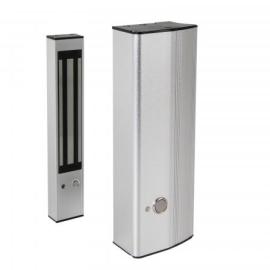 Slimline Magnet product with Aluminium cover housing with release button,  offering 600 lbs (280 kg) holding force - Magnet with built in surge protection.                                  Size for magnet is 274(h) x 45 (W) x 27 (D) and handle is 300(h) x 105 (W) x 55 (D) all mm.