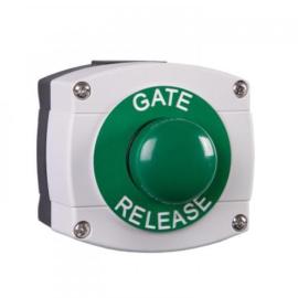 Weather Proof IP66 rated Plastic housing in Grey/Black  with Large Green button, surface mounted, GATE RELEASE. 2 x 20mm cable entry holes.
Size 85h x 90w x 60d to 80 (all mm - d =back box only)