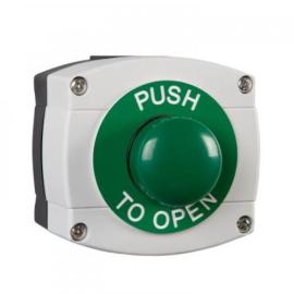 Weather Proof IP66 rated Plastic housing in Grey/Black  with Large Green button surface mounted, PUSH TO OPEN. 2 x 20mm cable entry holes.
Size 85h x 90w x 60d to 80 (all mm - d =back box only)